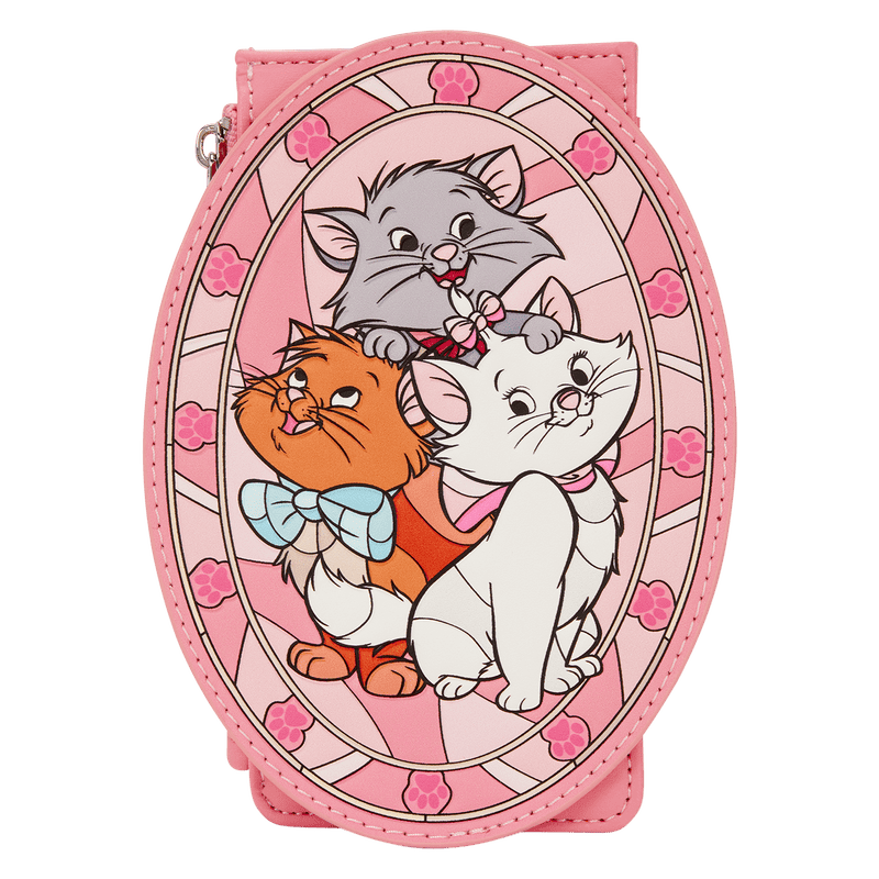 Cute Disney cats purse featuring Marie, Thomas O'Malley, and Duchess in pink floral background.