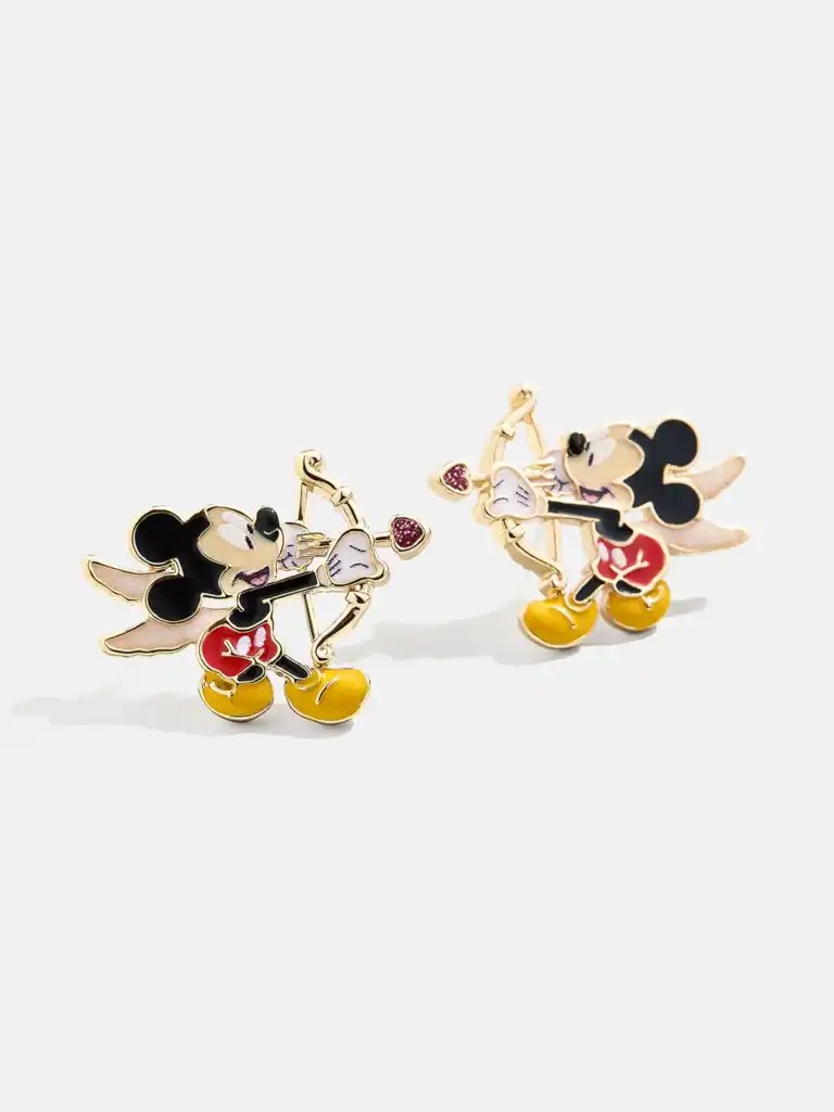 Colorful Mickey Mouse bow and arrow earrings, Disney-themed jewelry, perfect for Disney fans.
