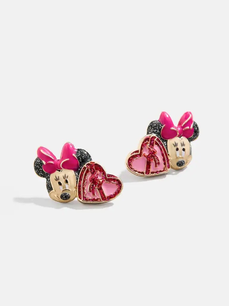Colorful Minnie Mouse and heart-shaped charm earrings with pink bows, perfect Disney-inspired jewelry.