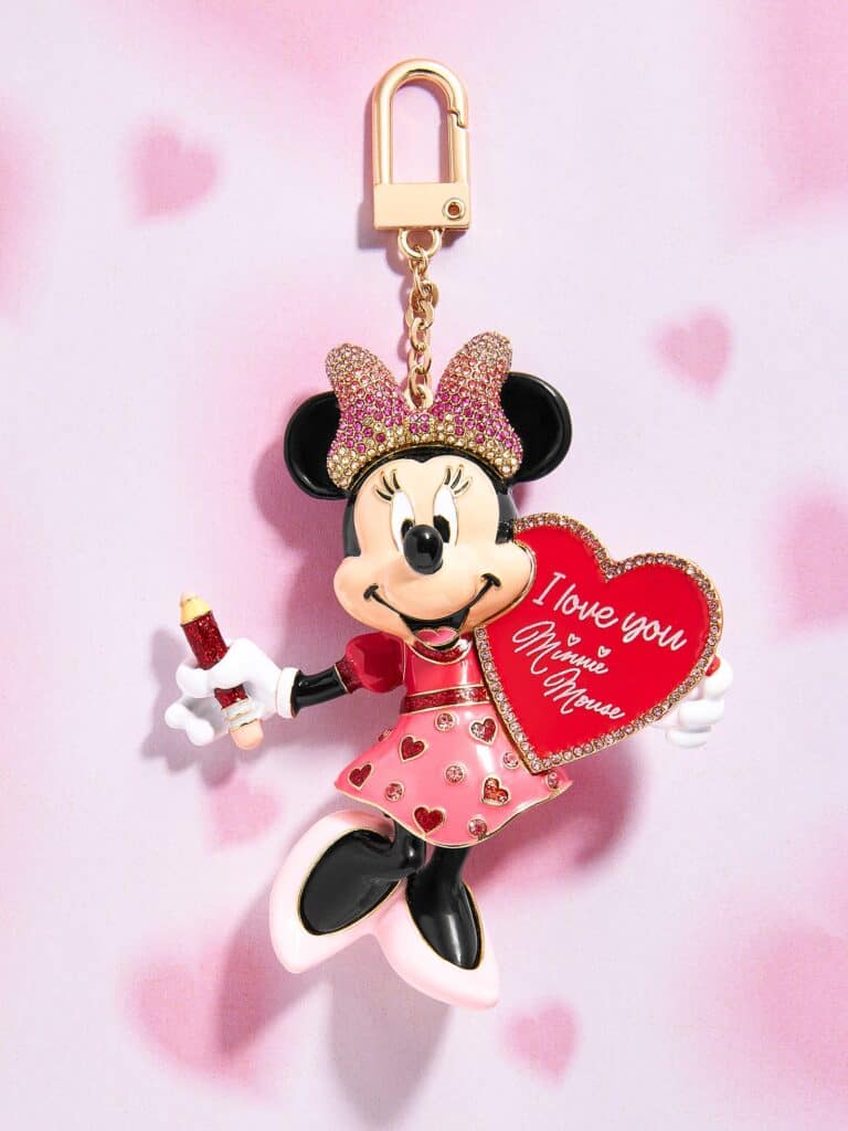 Disney Minnie Mouse keychain with pink heart and rhinestones, ideal for Disney fans.