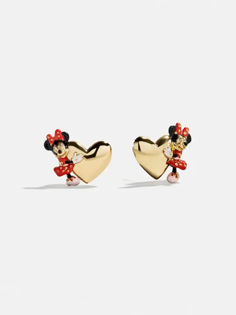 Adorable Minnie Mouse earrings featuring gold hearts and red bows, perfect for Disney fans and fashion lovers.