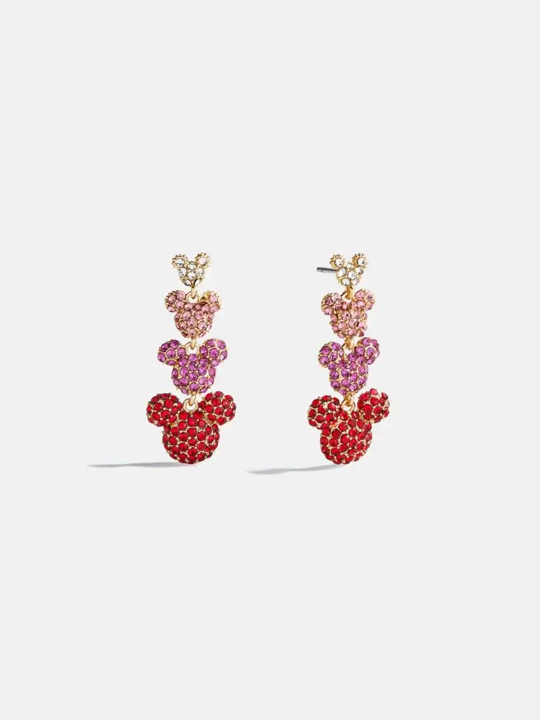 Bright pink, purple, and red rhinestone Minnie Mouse earrings featuring tiered heart designs for Disney fashion lovers.