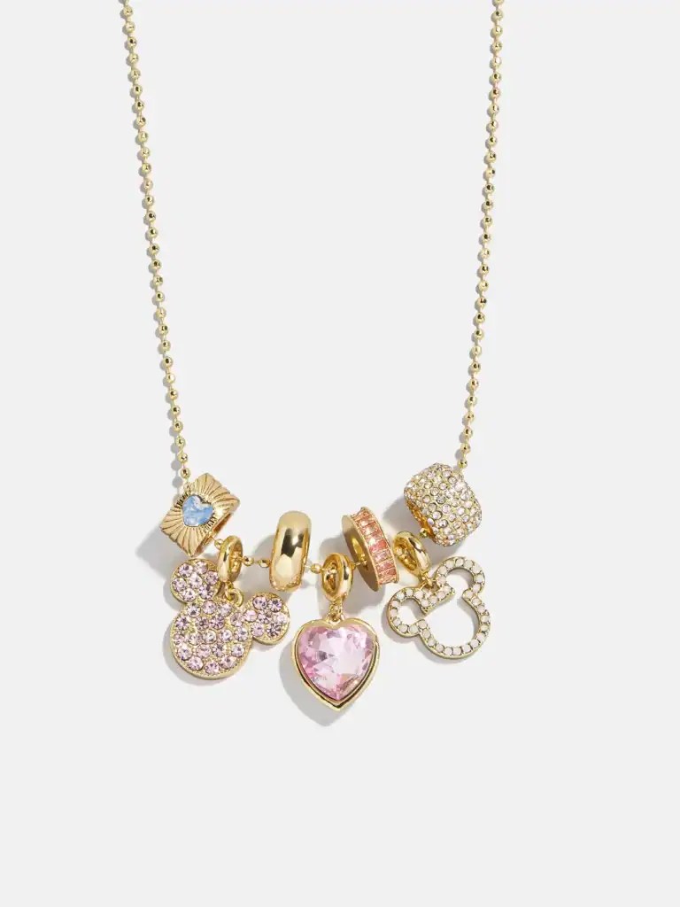 Colorful Disney charm necklace with Minnie Mouse, heart, and Mickey icons, perfect for Disney fans and jewelry collectors.
