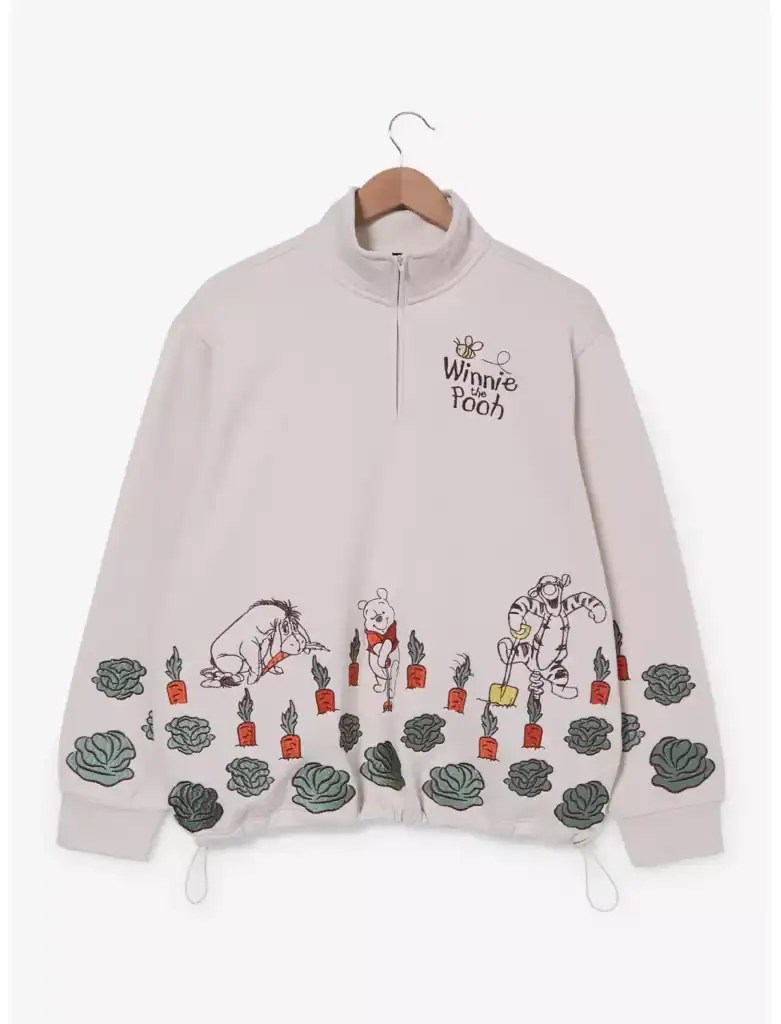 Cozy Winnie the Pooh hoodie featuring embroidered characters and vegetable-inspired details, perfect for Disney fans.