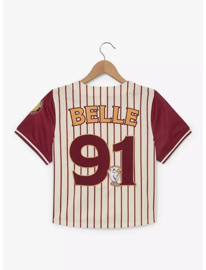 Disney Belle baseball jersey with red and cream stripes, featuring Belle's name and number 91, perfect for Disney fans.