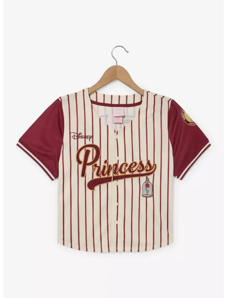 Disney Princess baseball jersey with pink and white stripes, "Princess" text, and vintage Disney detailing.
