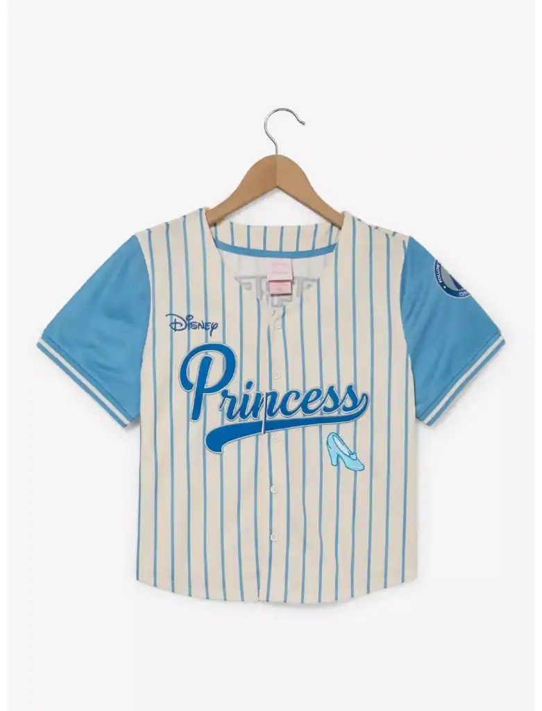 Disney princess baseball jersey with blue and white stripes, "Princess" graphic, and shoe applique.