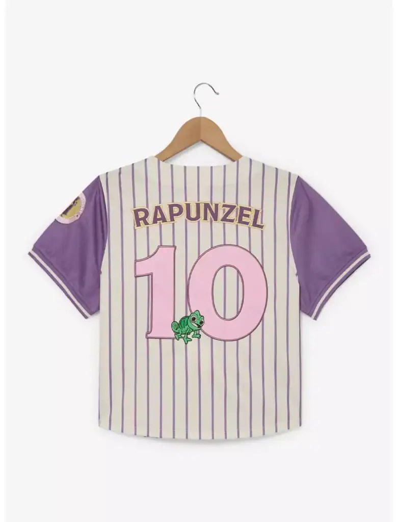Pink purple striped Disney Rapunzel fan jersey with embroidered number 10 and chameleon graphic.