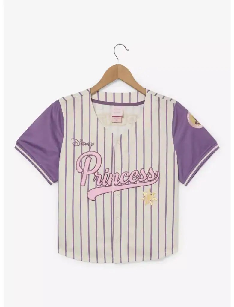 Disney Princess baseball jersey with purple stripes, "Princess" embroidery, and sun emblem.