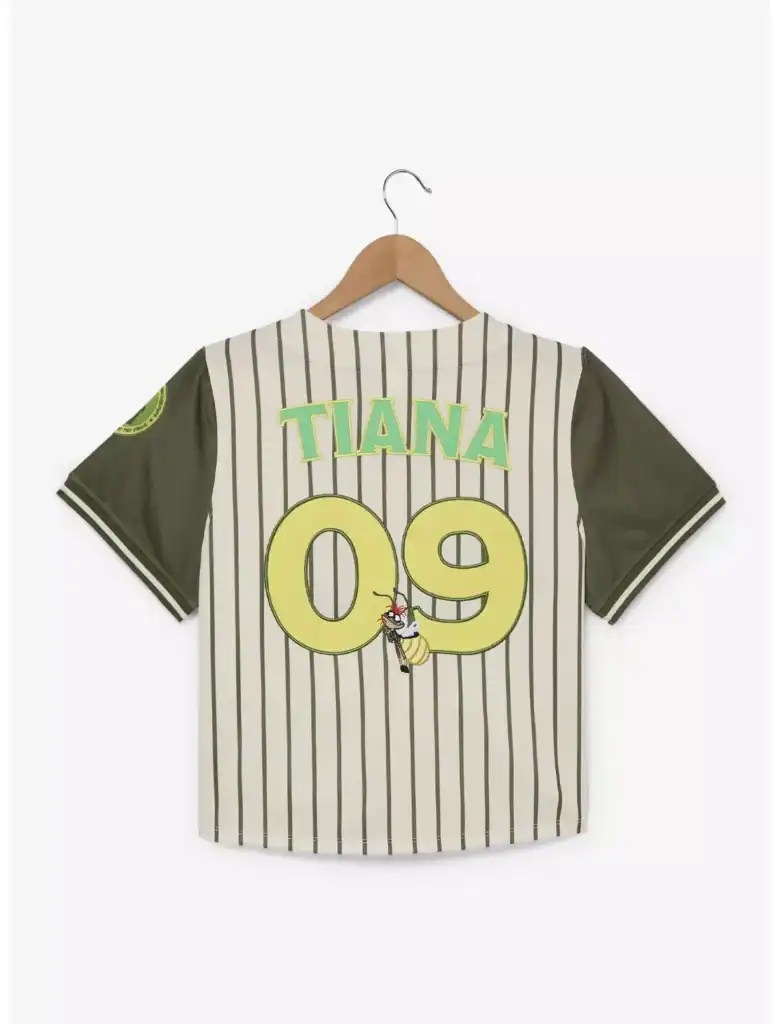 Youth Disney Tiana character baseball jersey with green accents, number 09, and cartoon embroidery.
