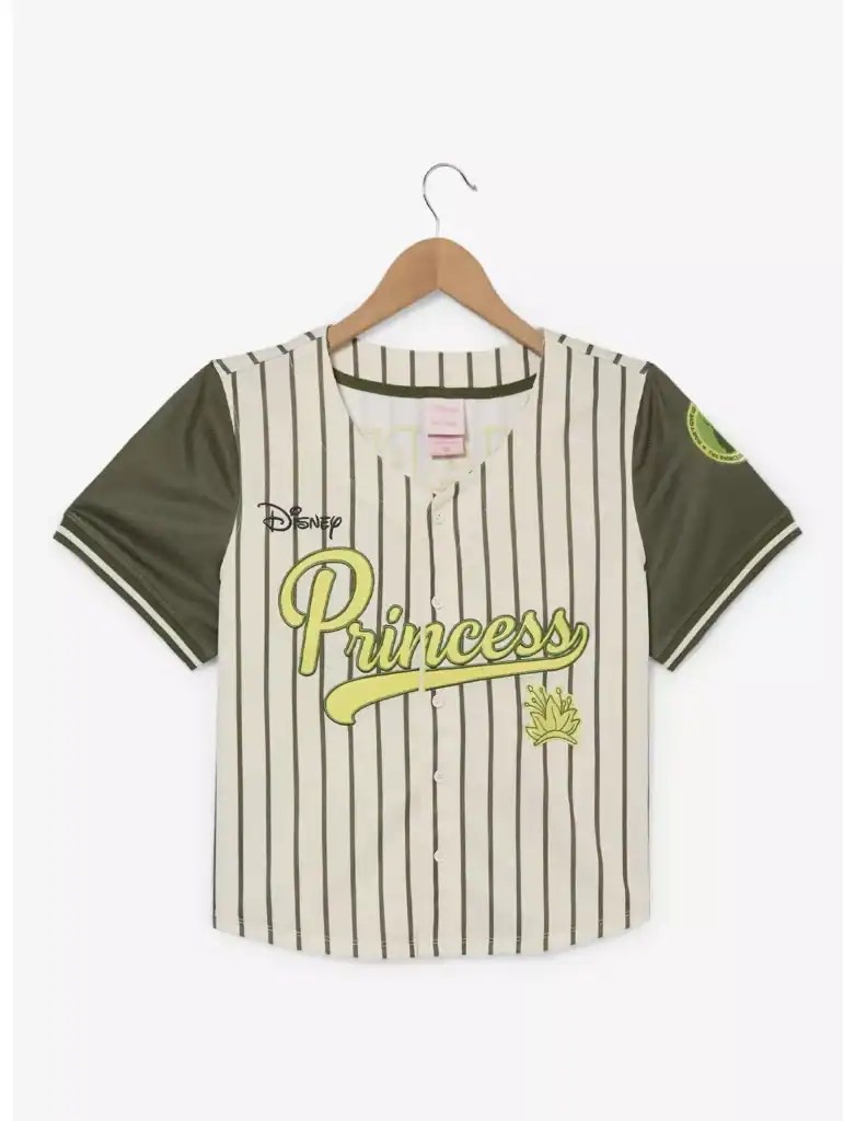 Youth Disney Princess baseball jersey with pinstripes and princess-themed embroidery. Perfect for Disney fans.