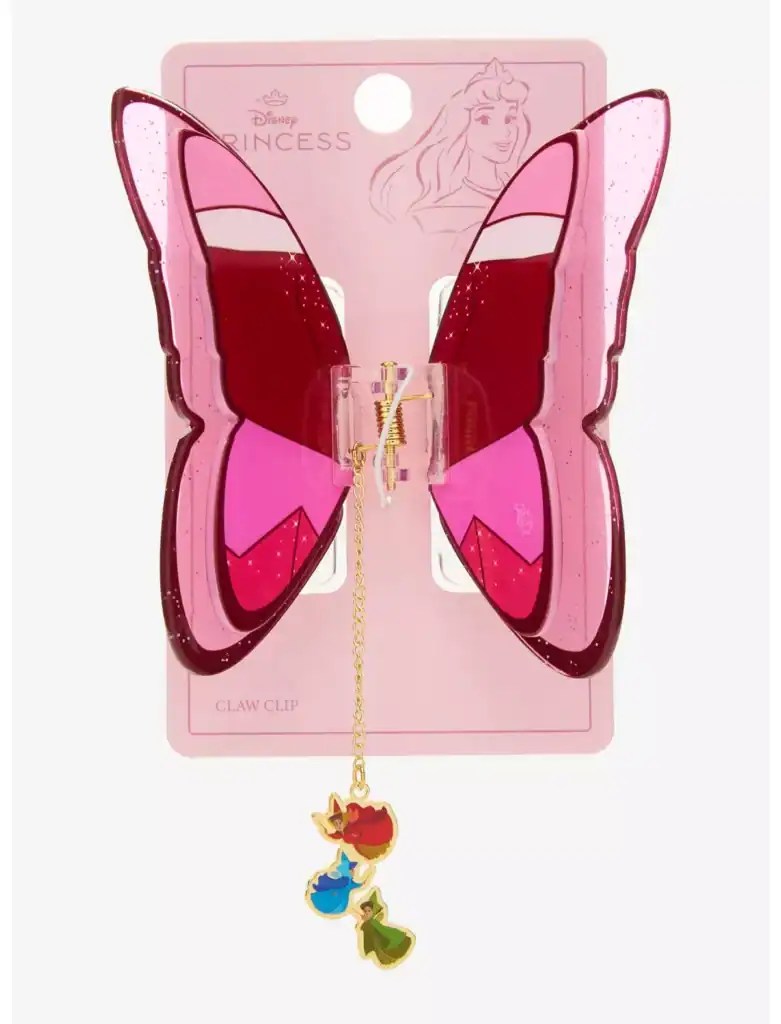 Bright pink and red Disney princess butterfly-shaped hair accessory with charm.