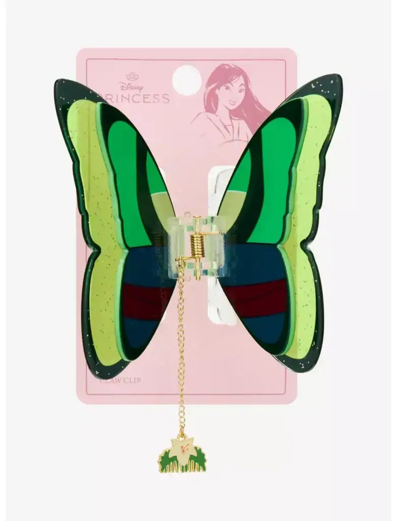 Colorful butterfly-shaped hair clip with gold chain and charm, inspired by Disney Princess fashion.