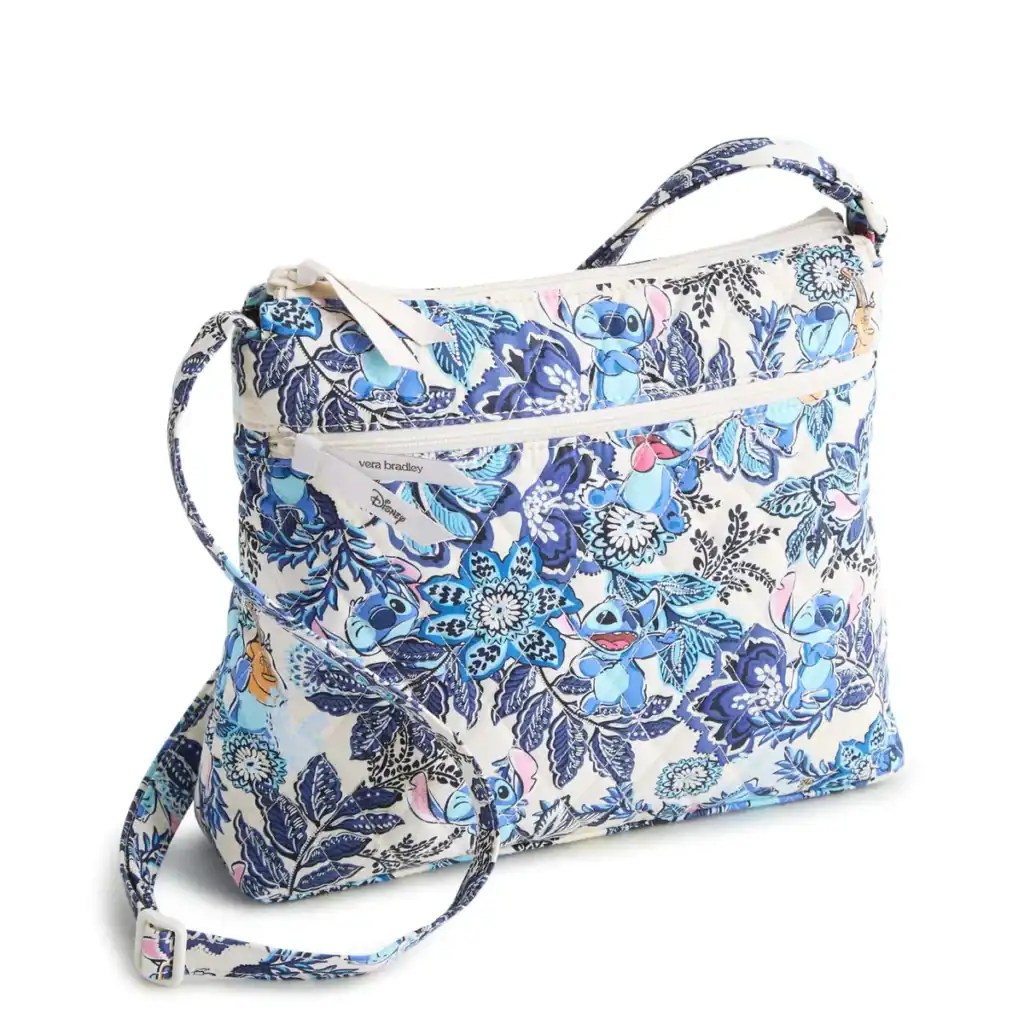 Bright floral Disney Stitch tote with blue and pink accents.