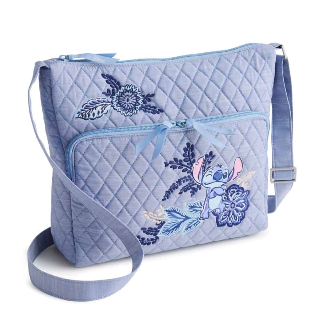 Disney Stitch quilted bag with floral embroidery, ideal for Disney-themed accessories or casual outings.