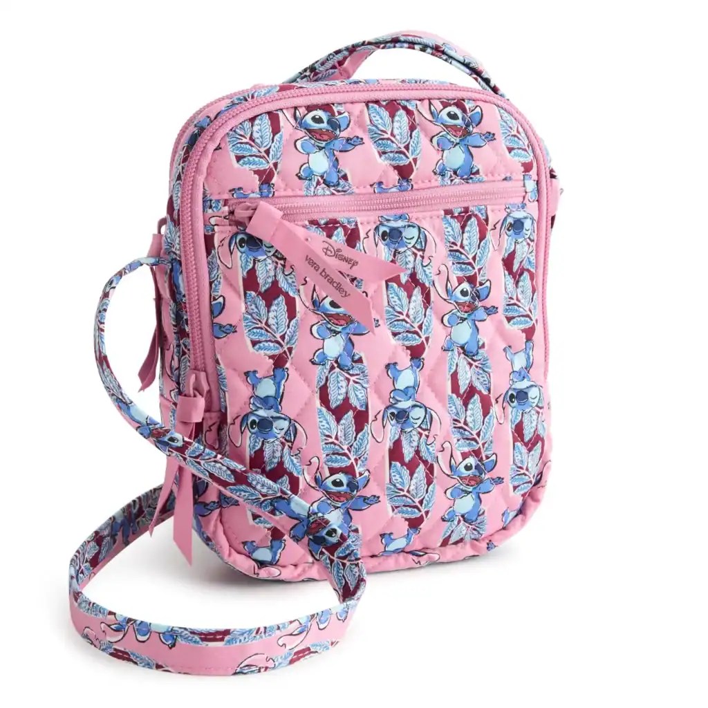 Stitch backpack with Disney design, pink background, and leaf motif, ideal for kids' school, travel, and everyday use.