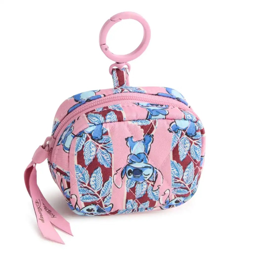Adorable pink Disney Stitch small backpack featuring floral design and detachable clip.