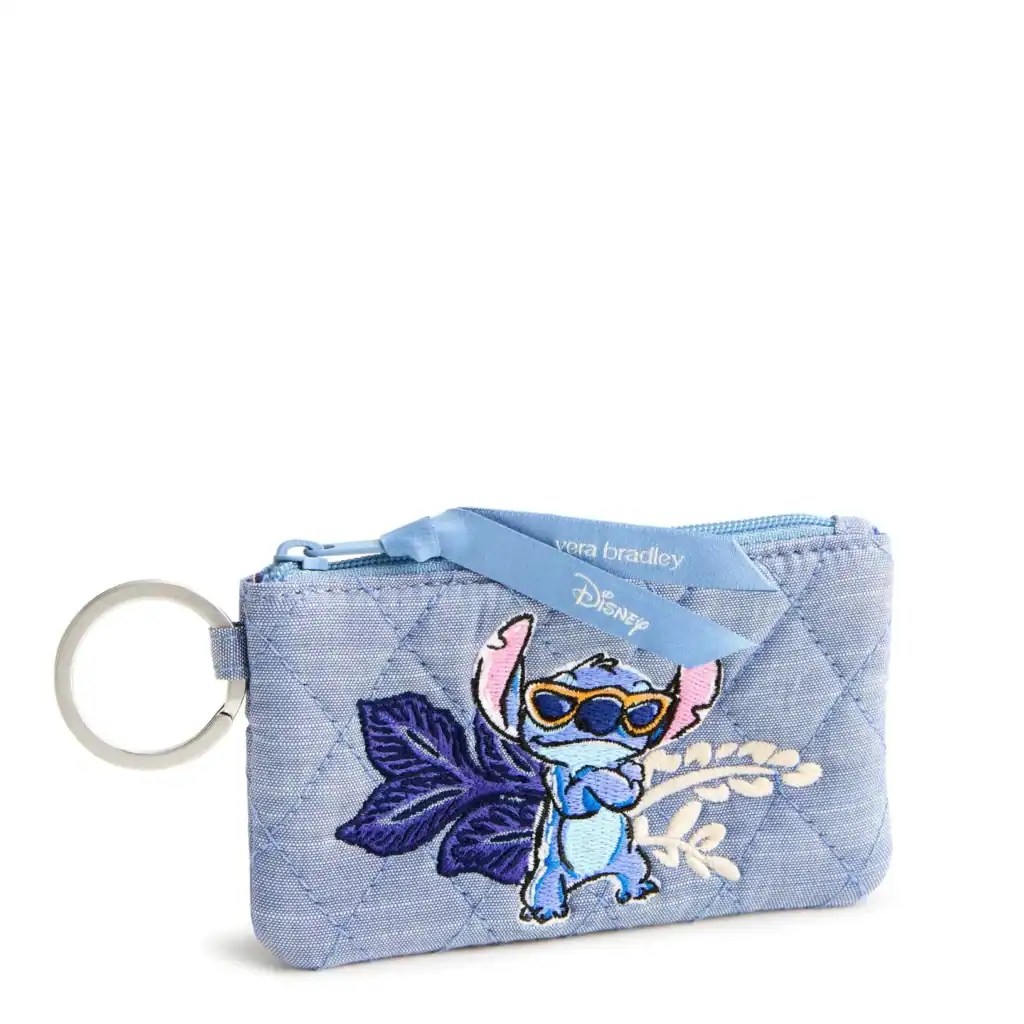 Cute Stitch Disney character embroidered on blue quilted fabric keychain pouch.