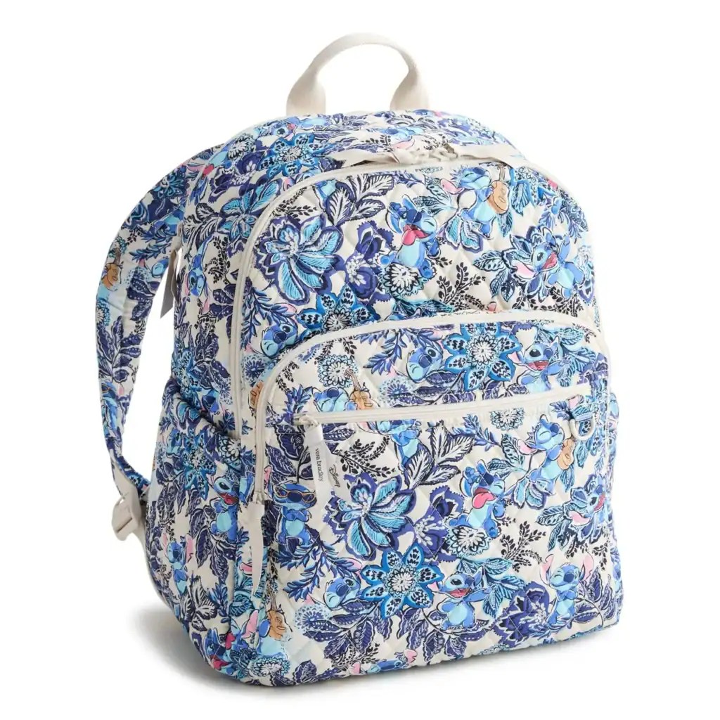 Vibrant floral Disney-themed backpack with Stitch characters, perfect for kids and Disney fans.