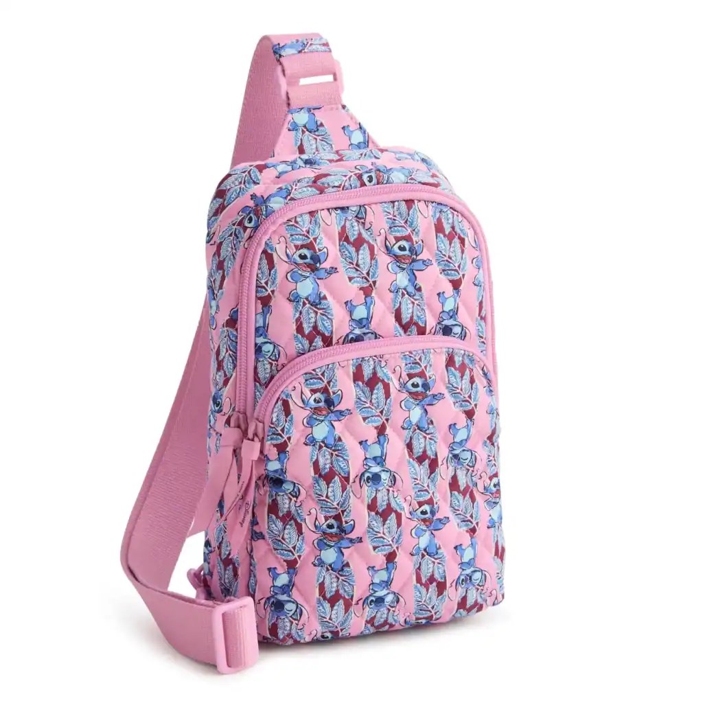 Pink Disney Stitch backpack with blue character print, perfect for kids' school and travel.