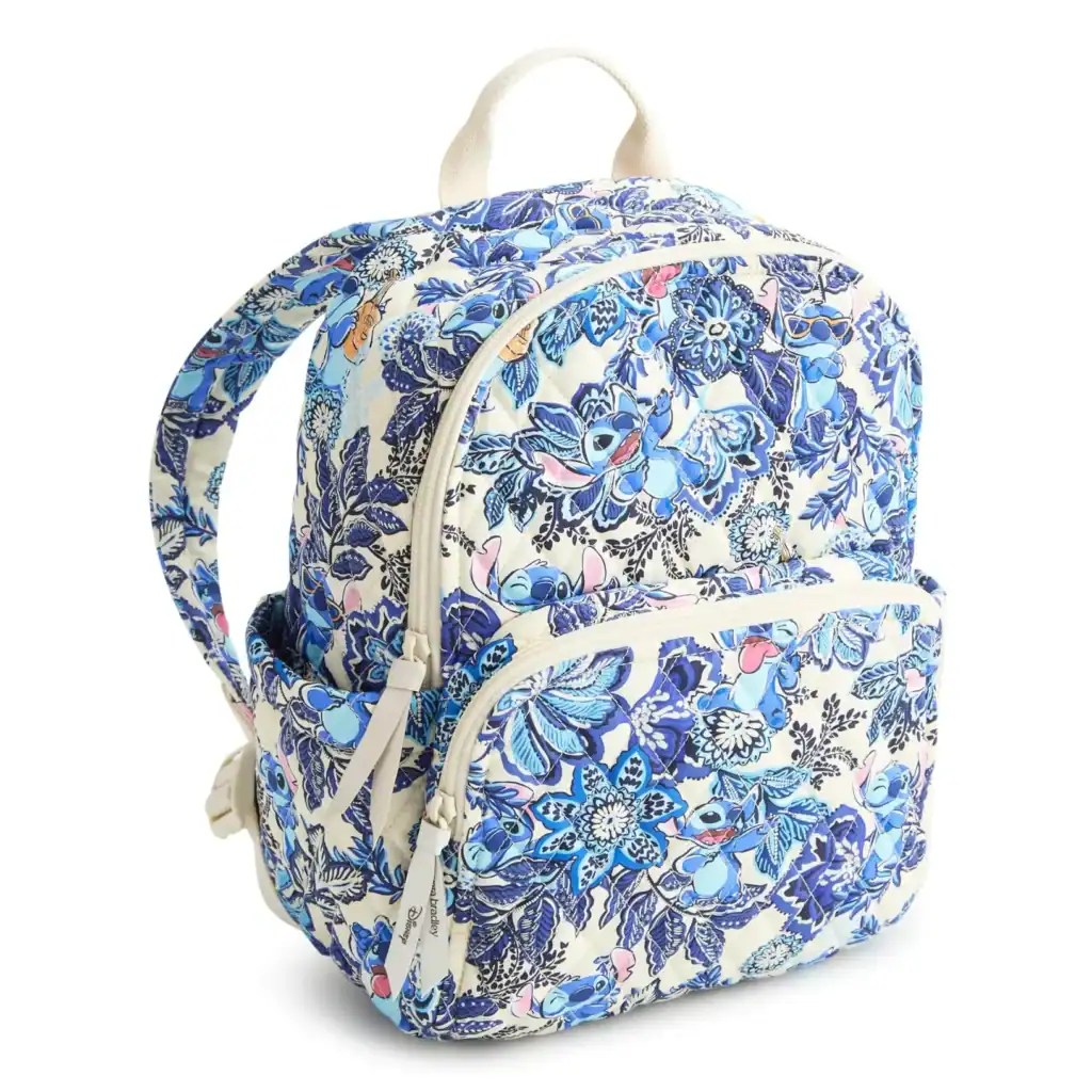 Stylish Disney-themed floral backpack with blue, pink, and white accents, perfect for fans and kids.