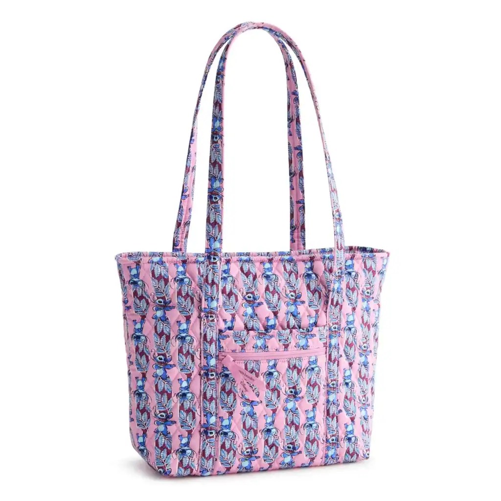 Pink and blue floral Stitch tote bag, Disney-inspired casual carryall for fashion-forward Disney enthusiasts.