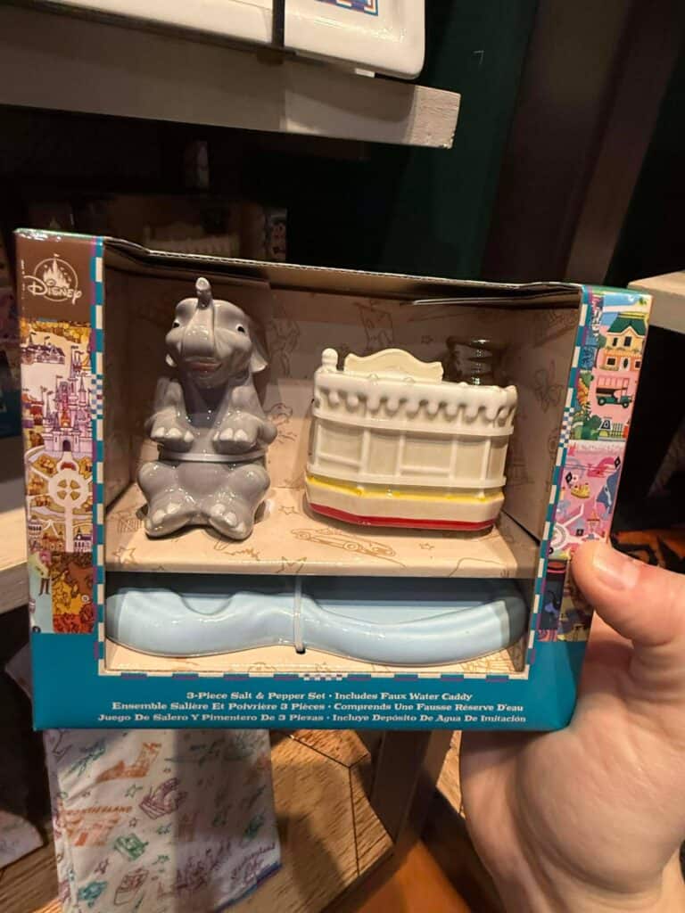 Colorful Disney-themed Salt & Pepper Shakers with Water Caddy, perfect for Disney fans.