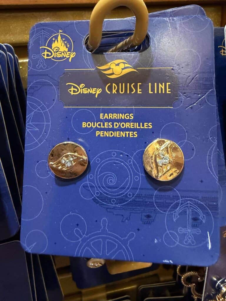 Disney cruise line themed jewelry, elegant gold earrings with cruise-inspired details and sparkling accents.