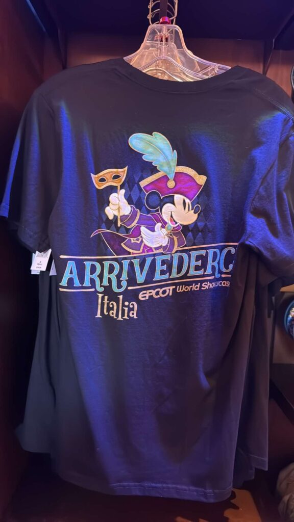 Mickey Mouse dressed as a Carnevale performer on a stylish EPCOT Italy shirt.