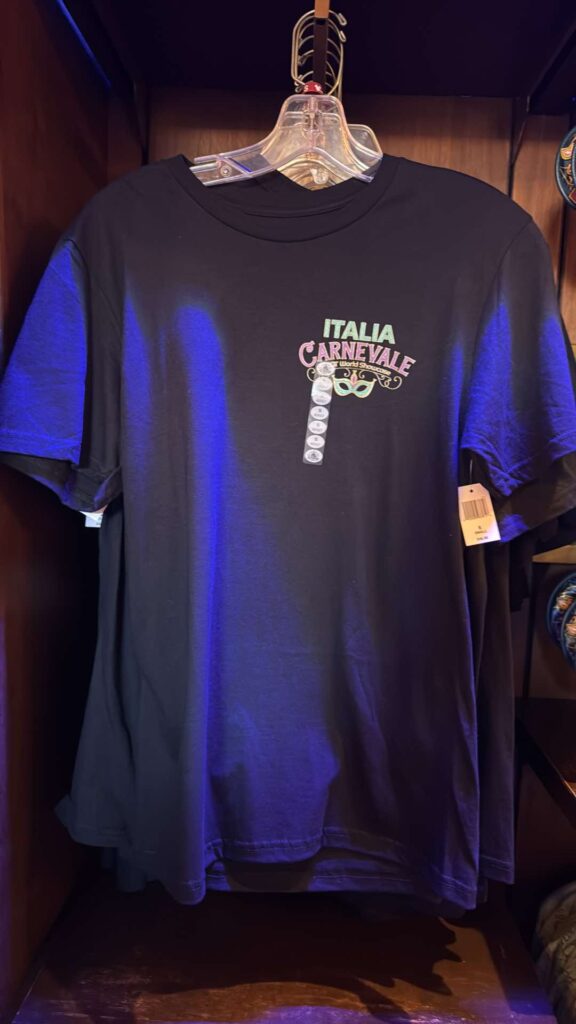 2. Black T-shirt featuring Italy Carnevale, mask, and beads design, perfect for Disney fans.