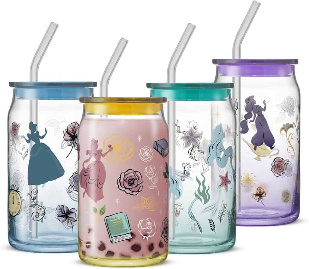 Disney princess-themed reusable drink jars with straws and vibrant colors.