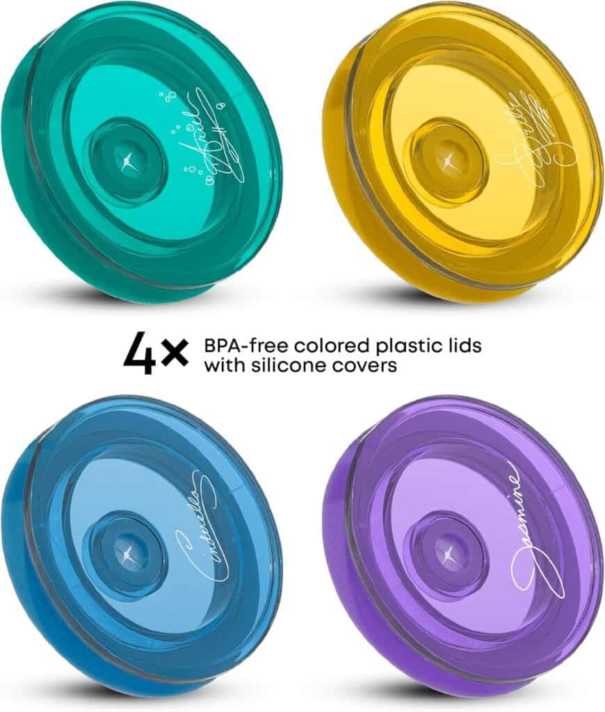 Bright blue, yellow, purple, and teal plastic lids with silicone covers, perfect for Disney fashionista collectibles.