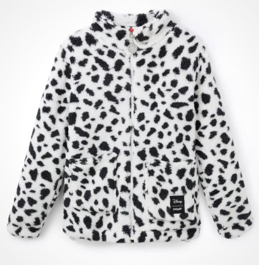 Cozy Disney Dalmatian print fleece jacket for kids, featuring adorable black and white spotted design, perfect for Disney fans.