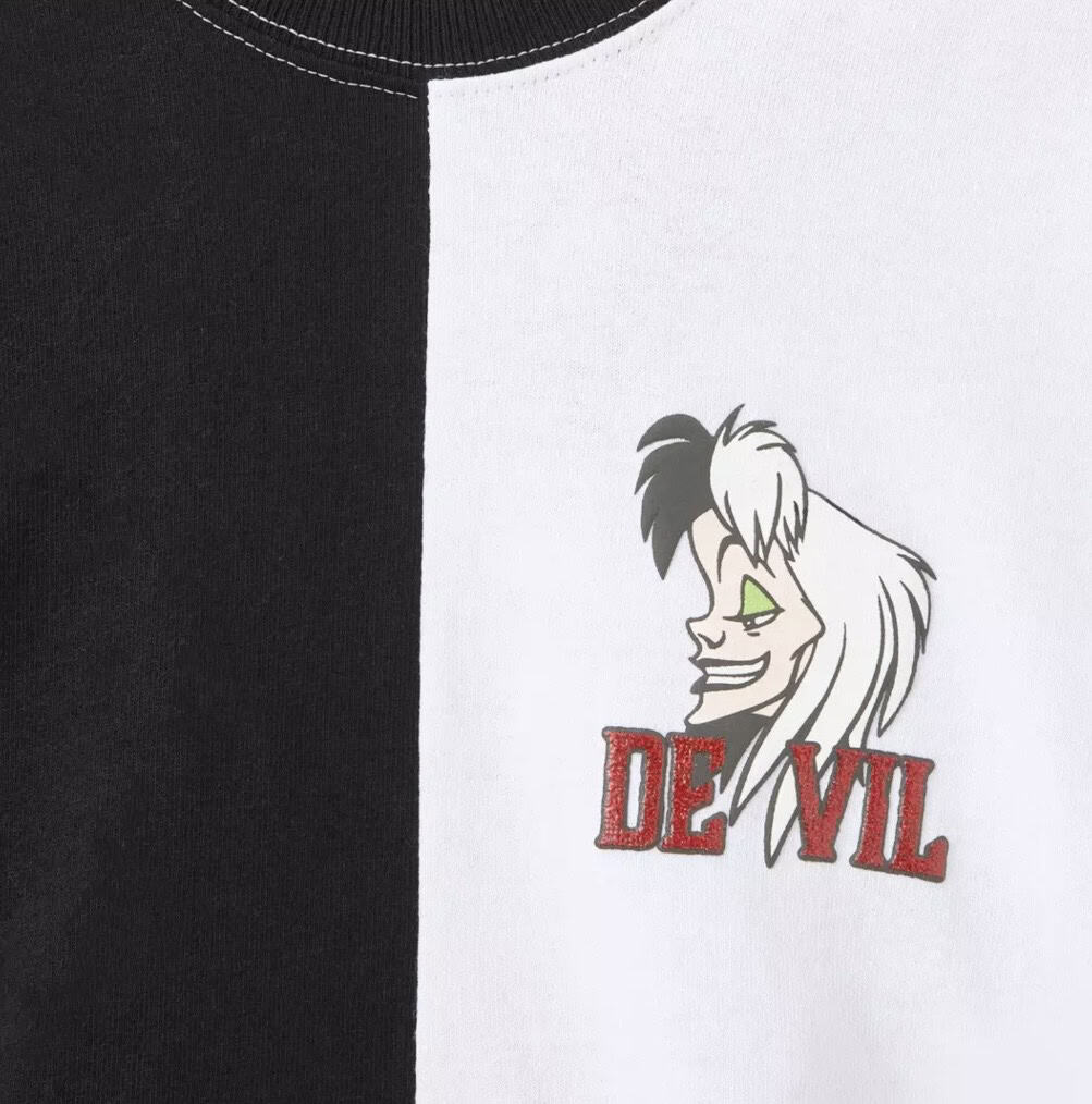 Cute devil cartoon graphic with "De Vil" text embroidery, perfect for Disney villain-themed fashion.