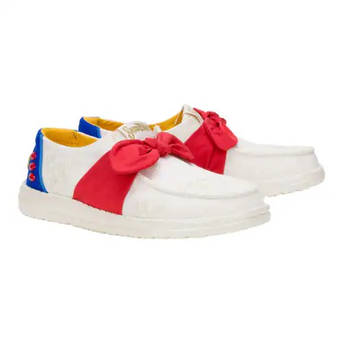 Colorful Disney-themed casual sneakers for women with bow accents and playful designs.