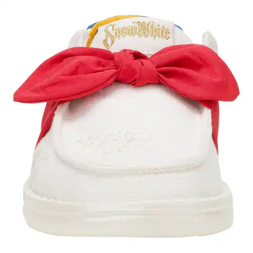 Cute Disney Snow White sneaker featuring a bold red bow and embroidered details, perfect for Disney-inspired fashion.