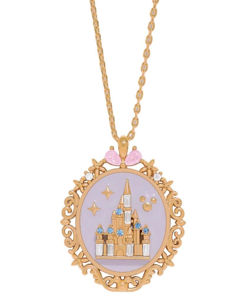 Disney castle pendant necklace featuring pink butterfly details and sparkling crystals, ideal for Disney fans.