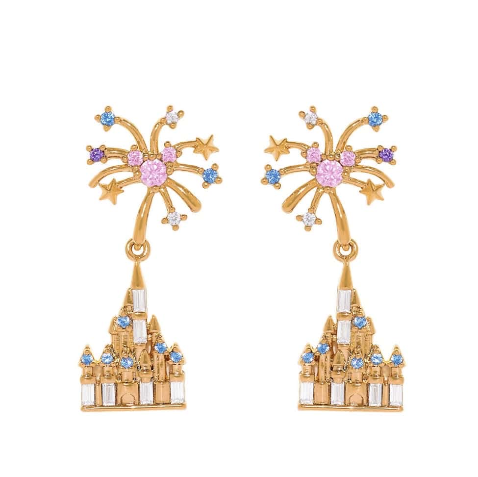 Colorful starburst and castle-inspired jewelry with pink, blue, and clear gemstones.
