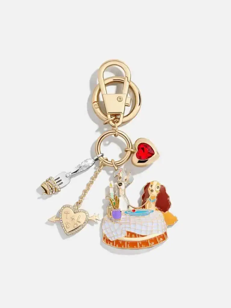 Disney charm keychain featuring enamel Disney characters, red heart, and playful symbols in gold finish.