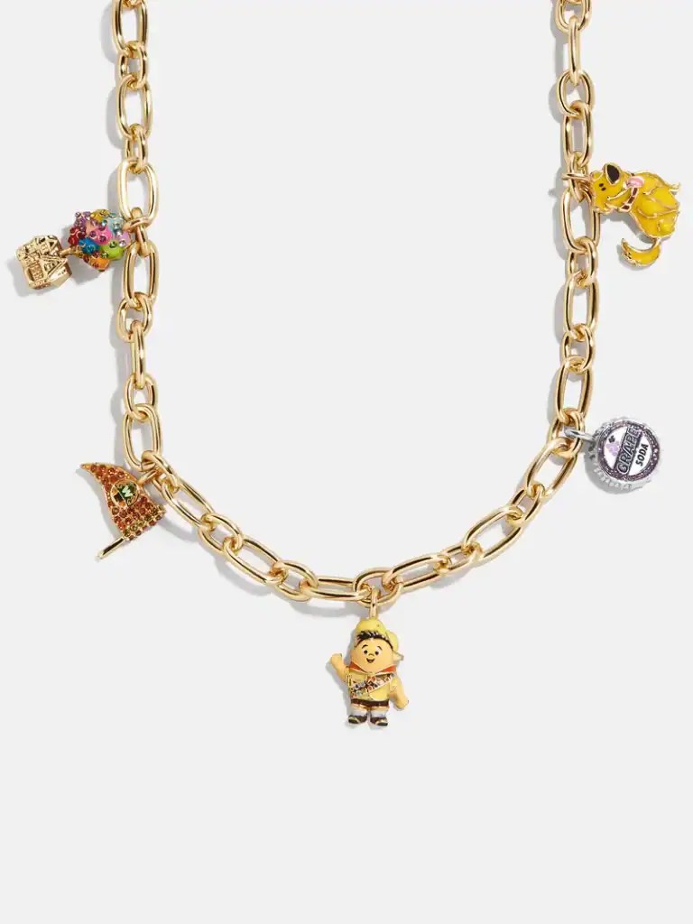 Colorful Disney charm necklace with Winnie the Pooh, Dumbo, and more, perfect for Disney fans.