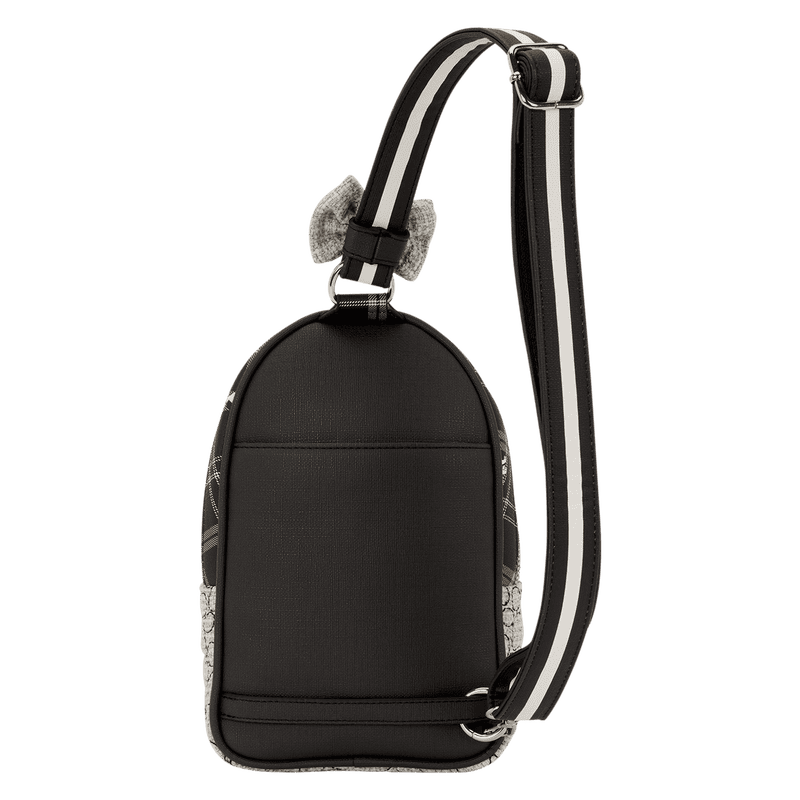 Stylish black Disney-themed mini backpack with striped strap. Perfect for Disney fans and fashion enthusiasts.