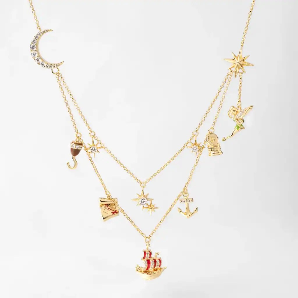 Enchanting Disney-themed charm necklace featuring celestial stars, a ship, and iconic Disney symbols.