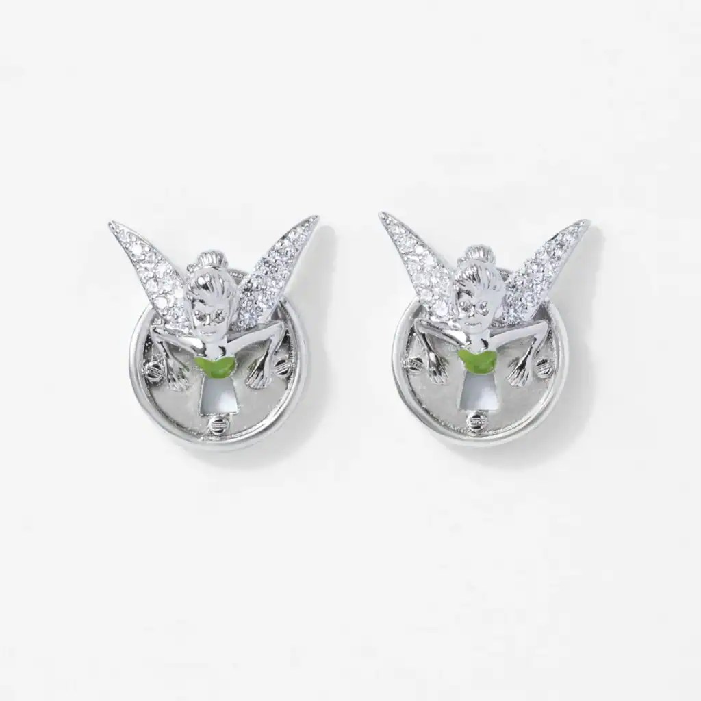 Sparkling fairy earrings with diamond accents, green details, and whimsical design, perfect for Disney fashion lovers.