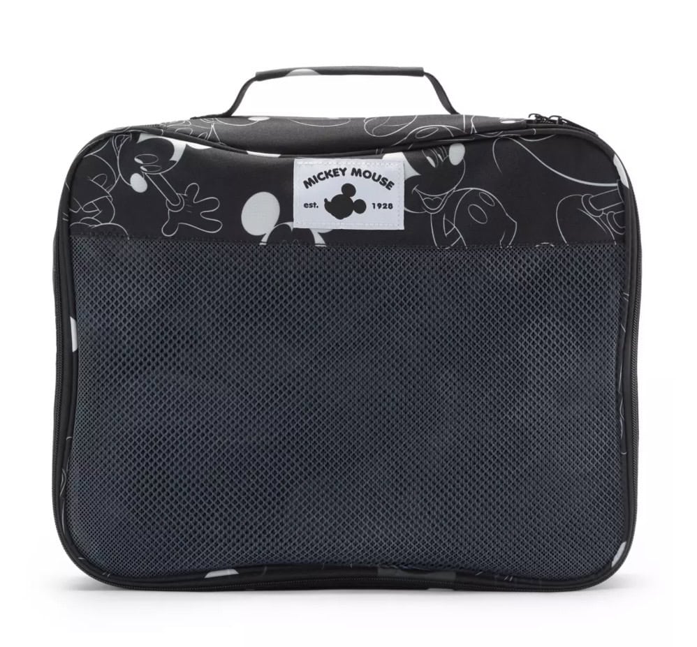 Black Mickey Mouse themed travel bag with front mesh pocket and Disney logo. Perfect for kids and Disney fans.