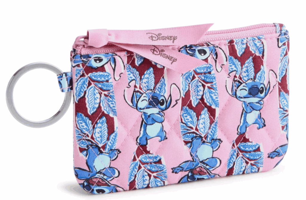 Bright pink Disney Stitch fabric pouch with blue leaf print, zipper closure, and metal keyring.