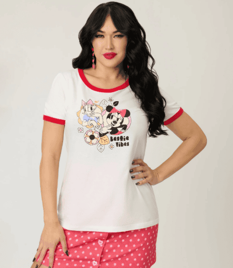 Colorful Disney t-shirt featuring Mickey and Minnie Mouse, perfect for Disney fans and fashion enthusiasts.