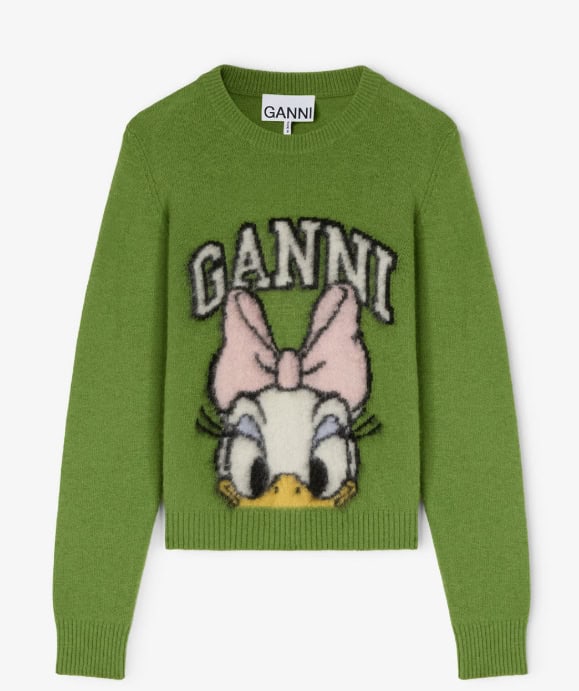 Cute green Disney character sweater with Ganni logo, perfect for Disney fans and fashion lovers.