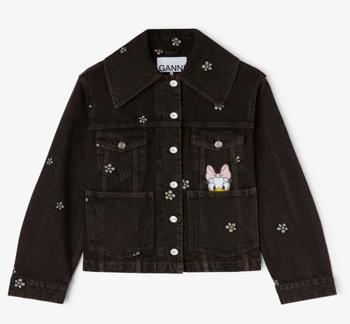 Cute Disney Minnie Mouse denim jacket with floral embroidery for kids.
