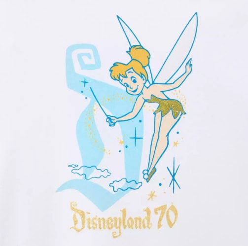 A charming illustration of Tinker Bell with fairy wings and magic wand, celebrating Disneyland's 70th anniversary.