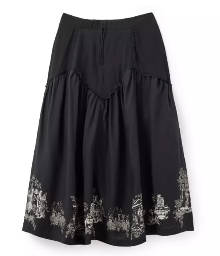Elegant black Disney-themed floral midi skirt with detailed cityscape print. Perfect for Disney fans.
